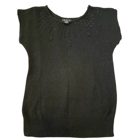 Vintage OHI Black Capped Sleeves Beaded Flower Pattern At Neck Sweater.   M - Picture 1 of 7